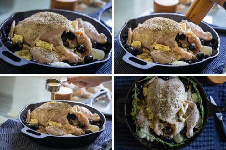 Four pictures showcasing how to season a whole chicken in an iron skillet with black pepper, Italian seasoning, fresh Rosemary sprigs, and olive oil.
