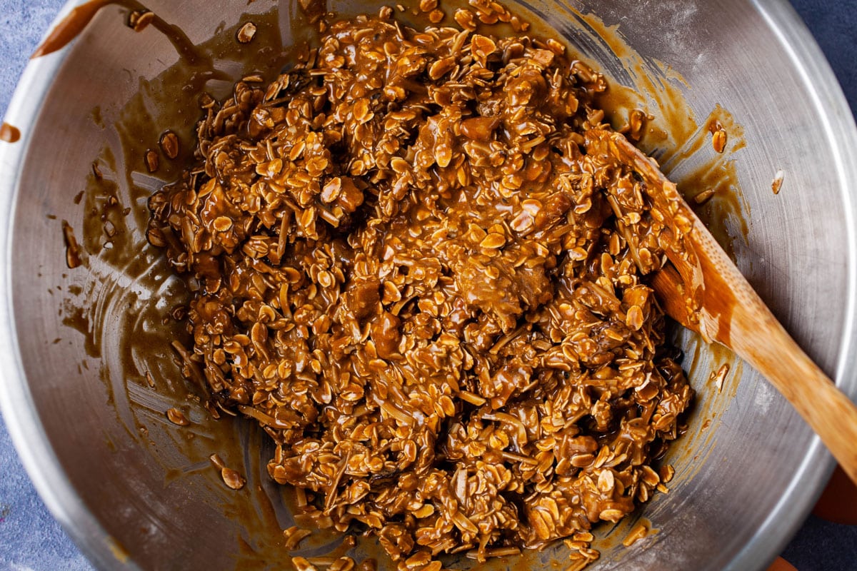 A brown oats batter in a stainless steel bowl.