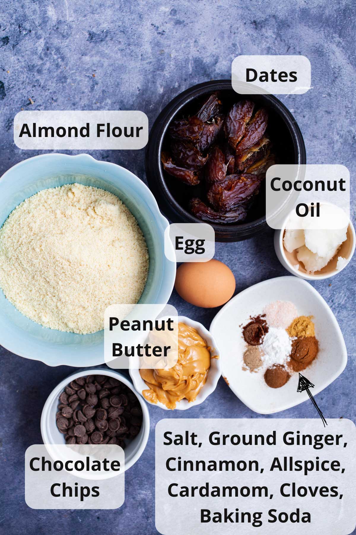 Ingredients to make peanut butter date cookies.