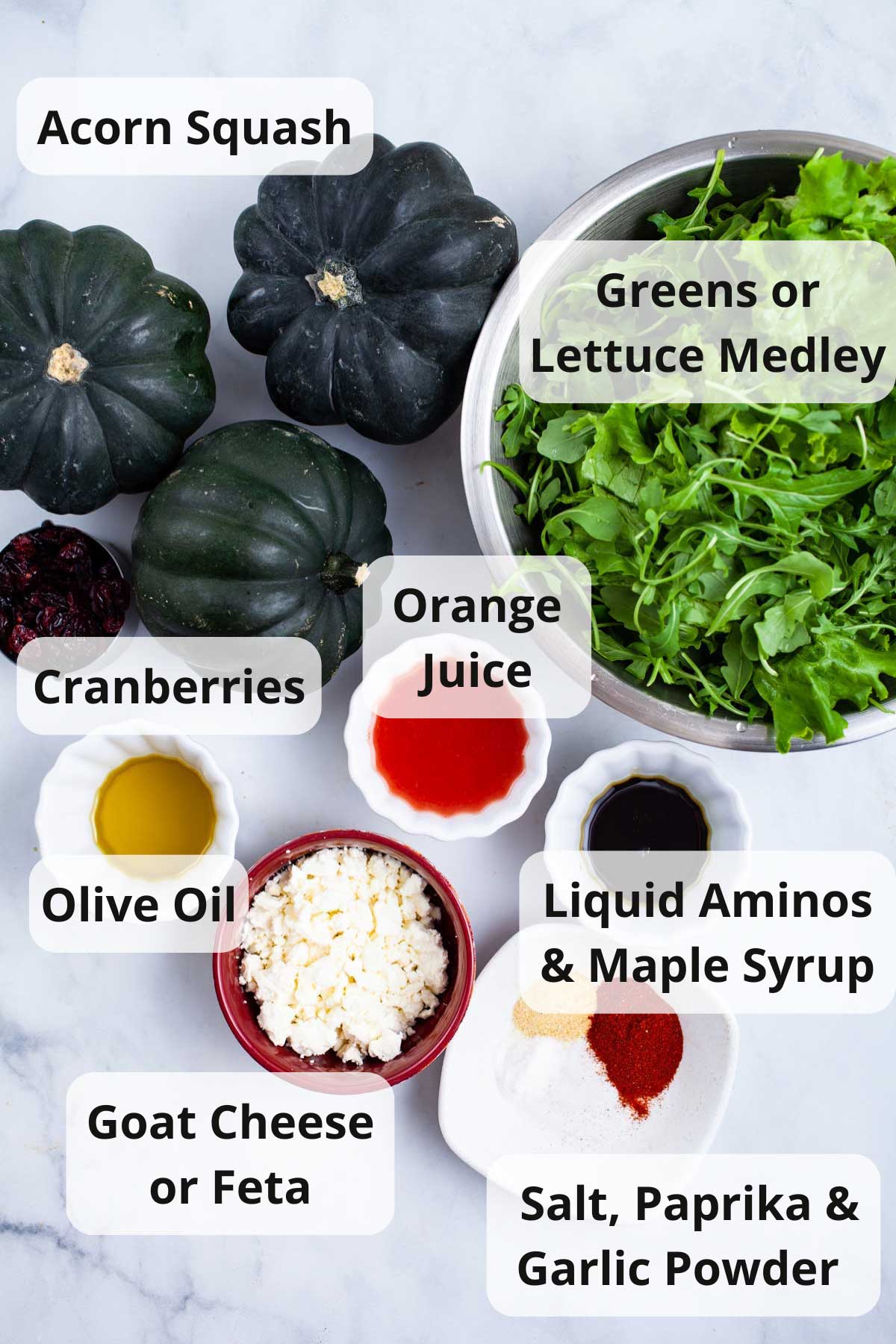 Ingredients to make air fryer acorn squash salad.