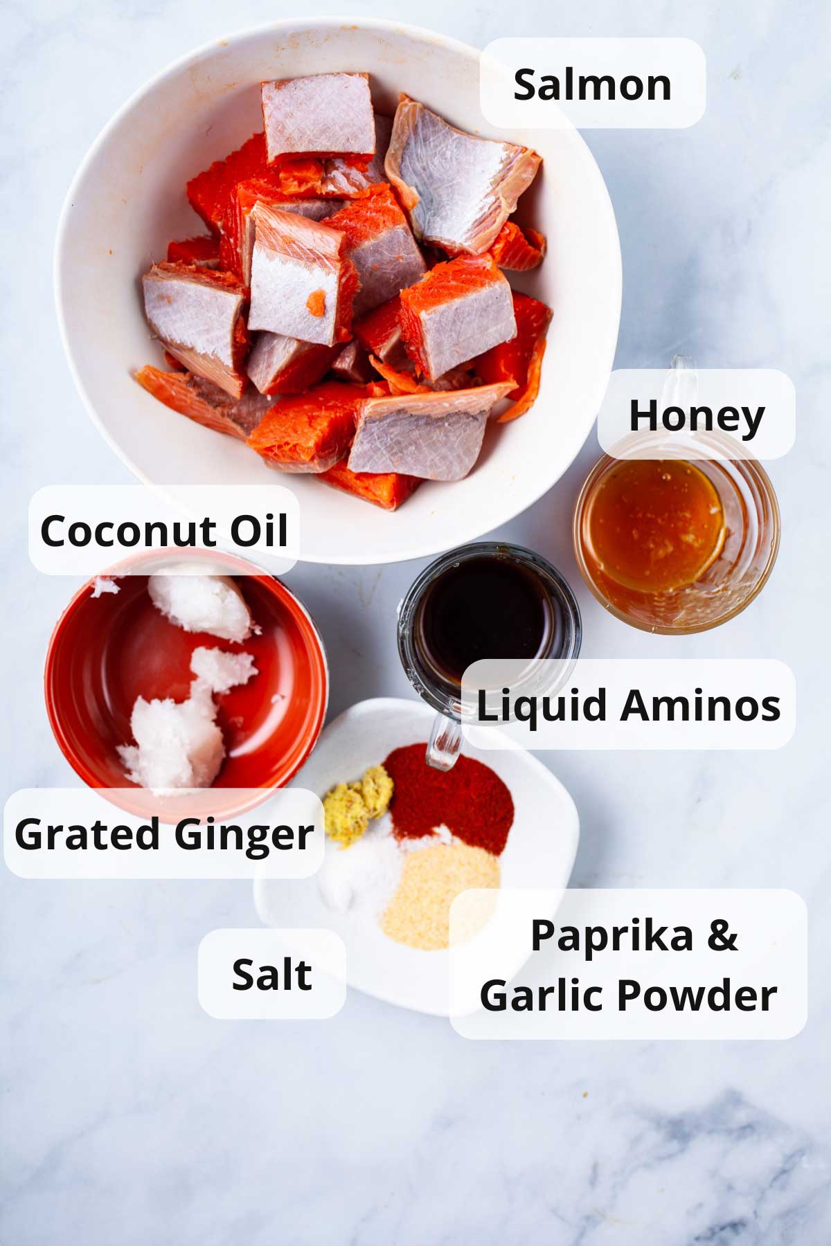 Ingredients to make cooked salmon poke bowls.