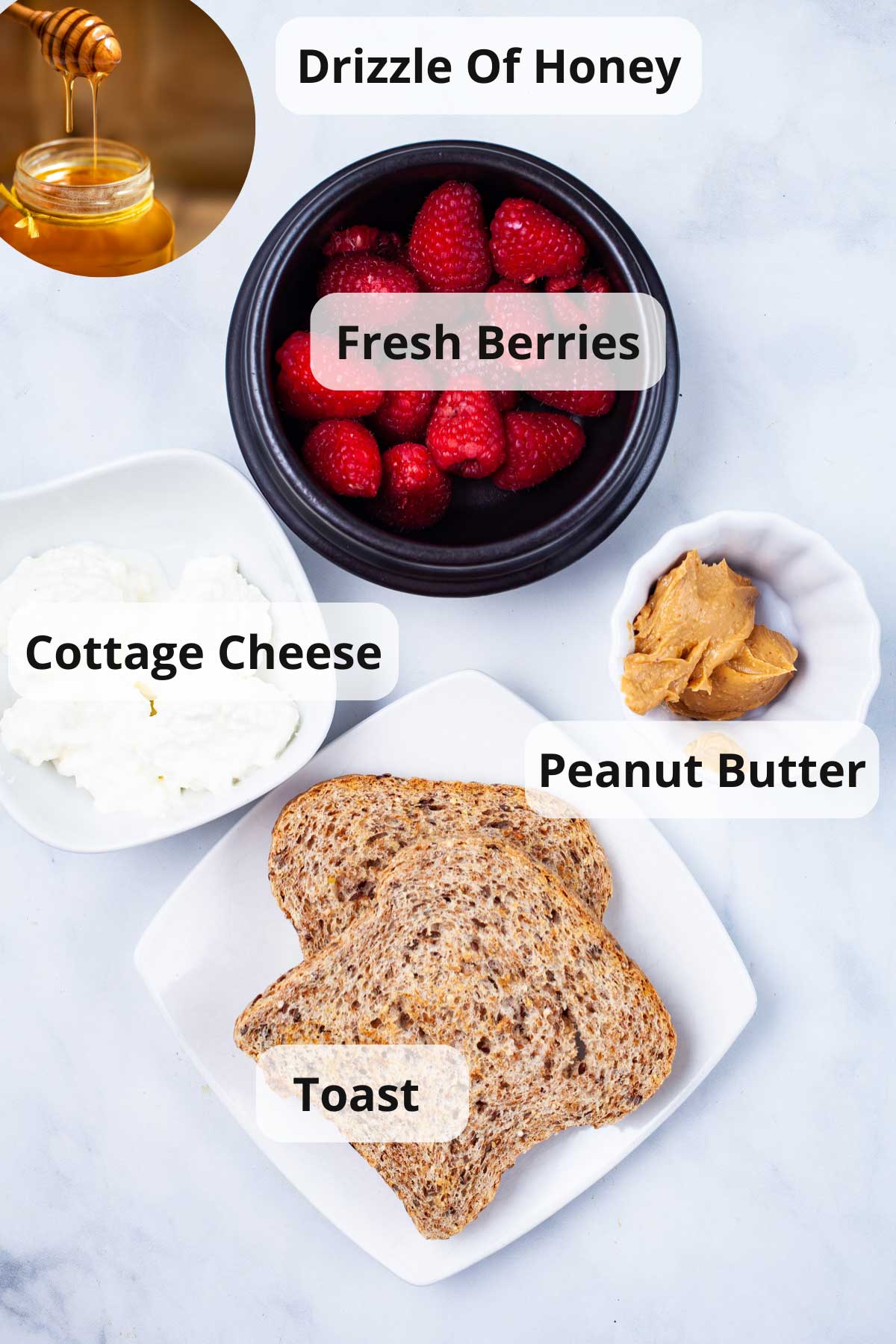 Ingredients to make peanut butter cottage cheese toast.