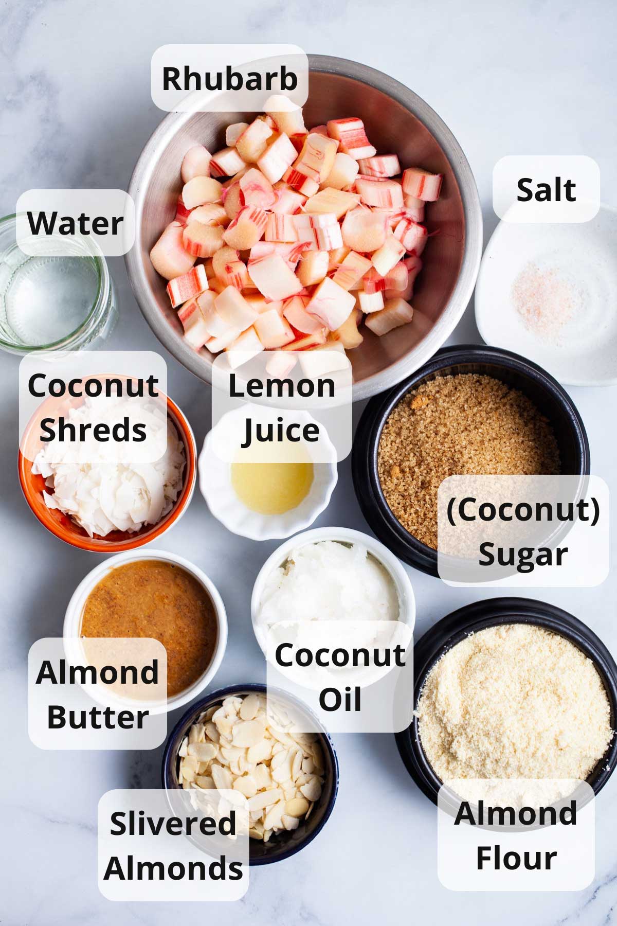 Ingredients to make rhubarb cookie bars with almond flour.