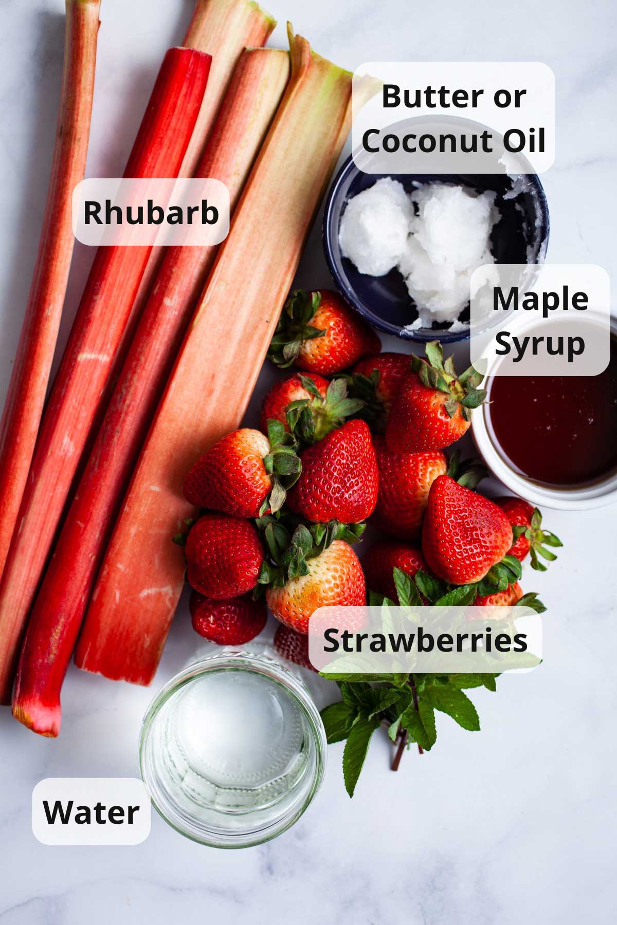 Ingredients to make strawberry and rhubarb compote.