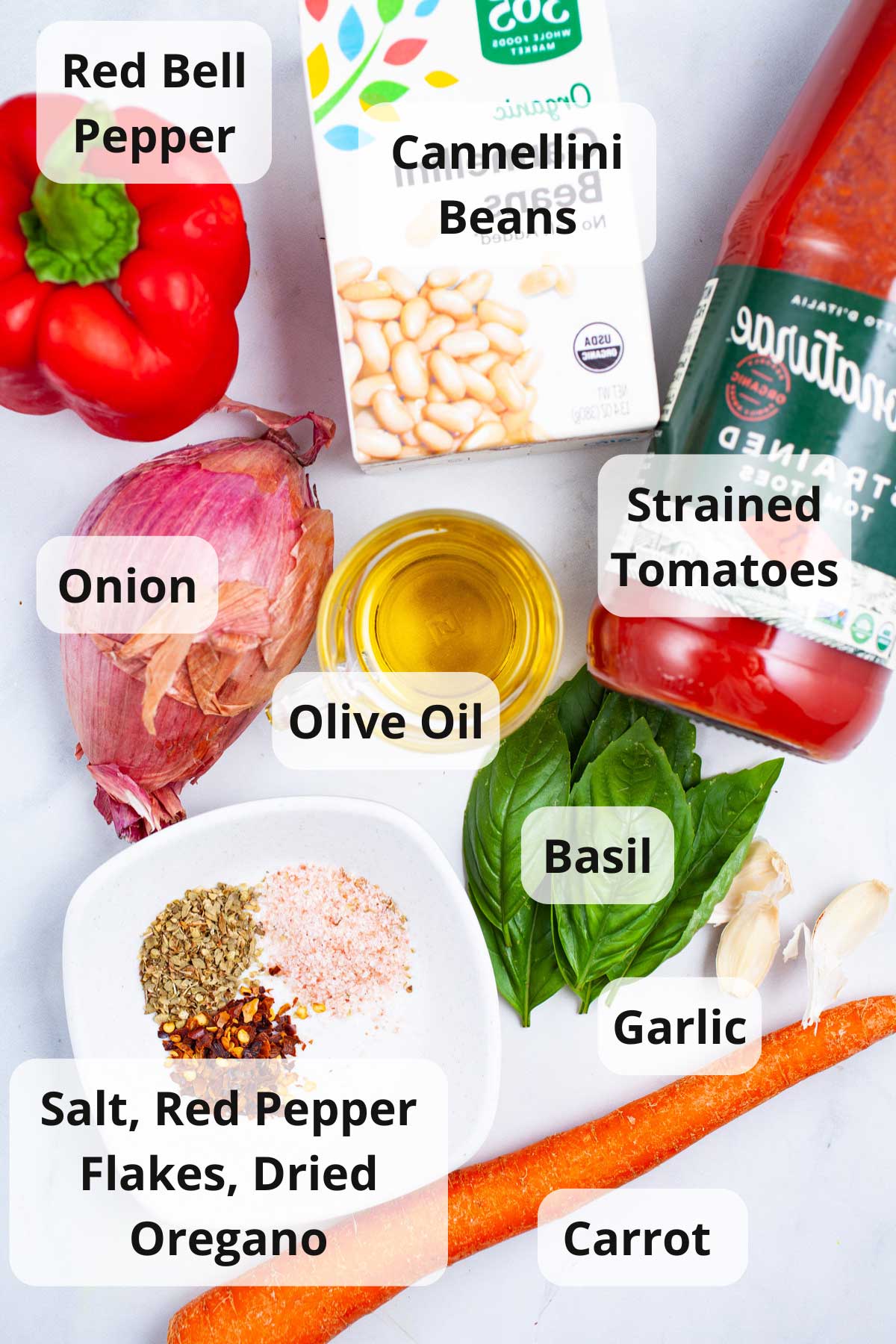 Ingrdeients to make white beans and tomato sauce.
