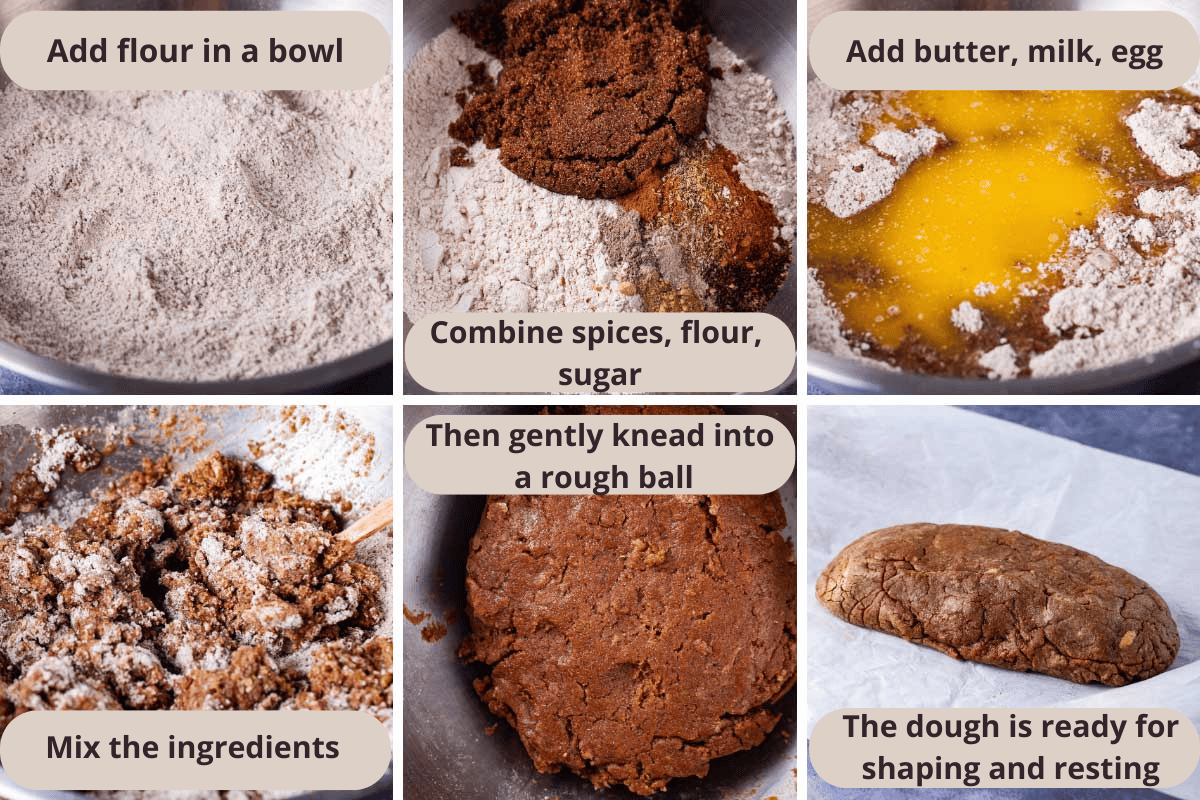 Six pics; one showing a bowl of flour; the second showing sugar and spices added to the bowl of flour; third showing butter and egg added to the bowl of flour; fourth showing all the ingredients mixed, third showing how ingredients forming a ball of dough; sixth showing the dough resting on parchment paper.