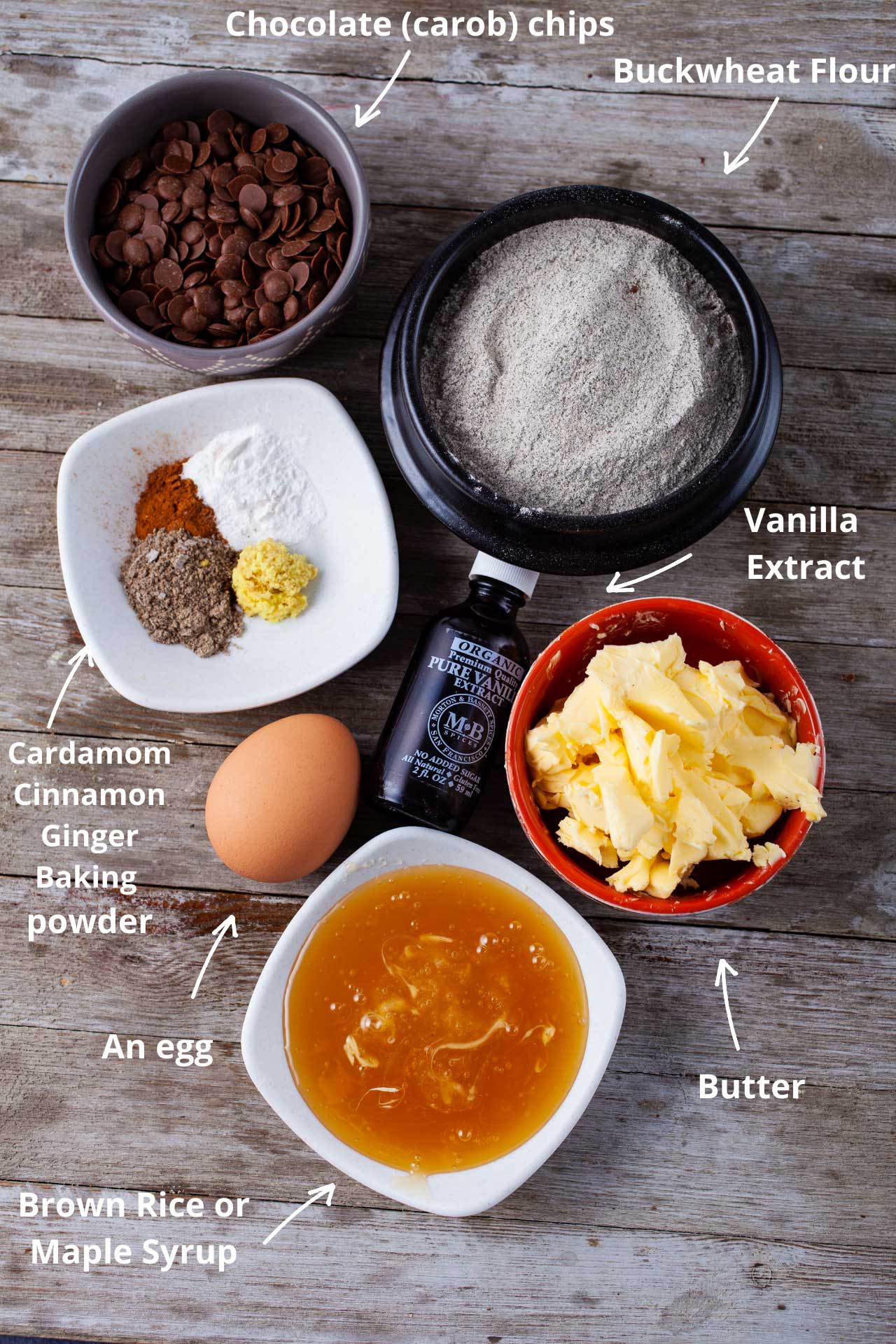 Ingredients needed to make buckwheat chocolate chip cookies.