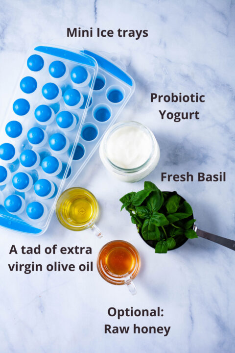 Mini trays, and ingredients such as probiotic yogurt, fresh basil, olive oil, and raw honey displayed on a board.