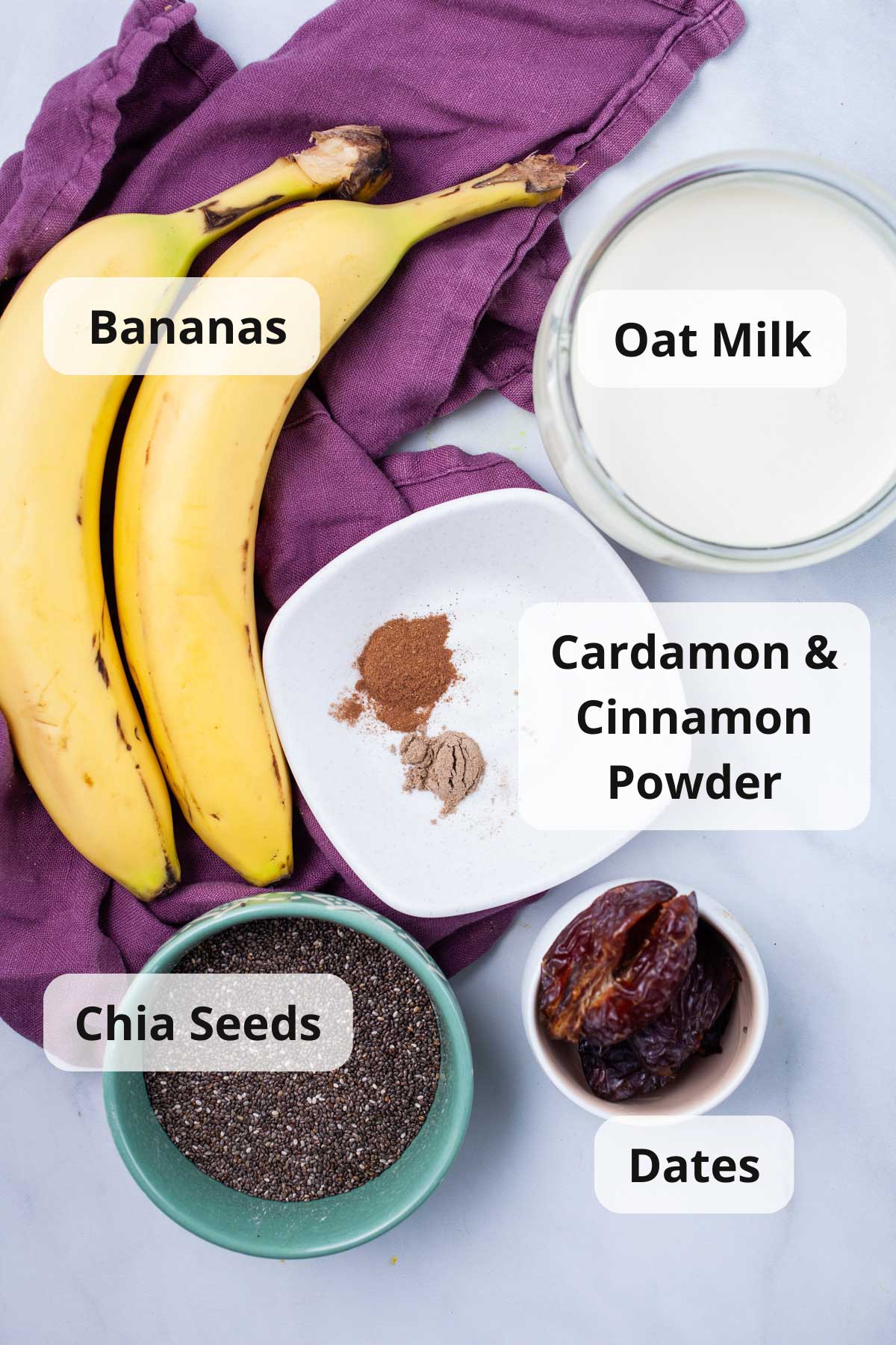 Ingredients laid out on a table to make banana chia pudding.