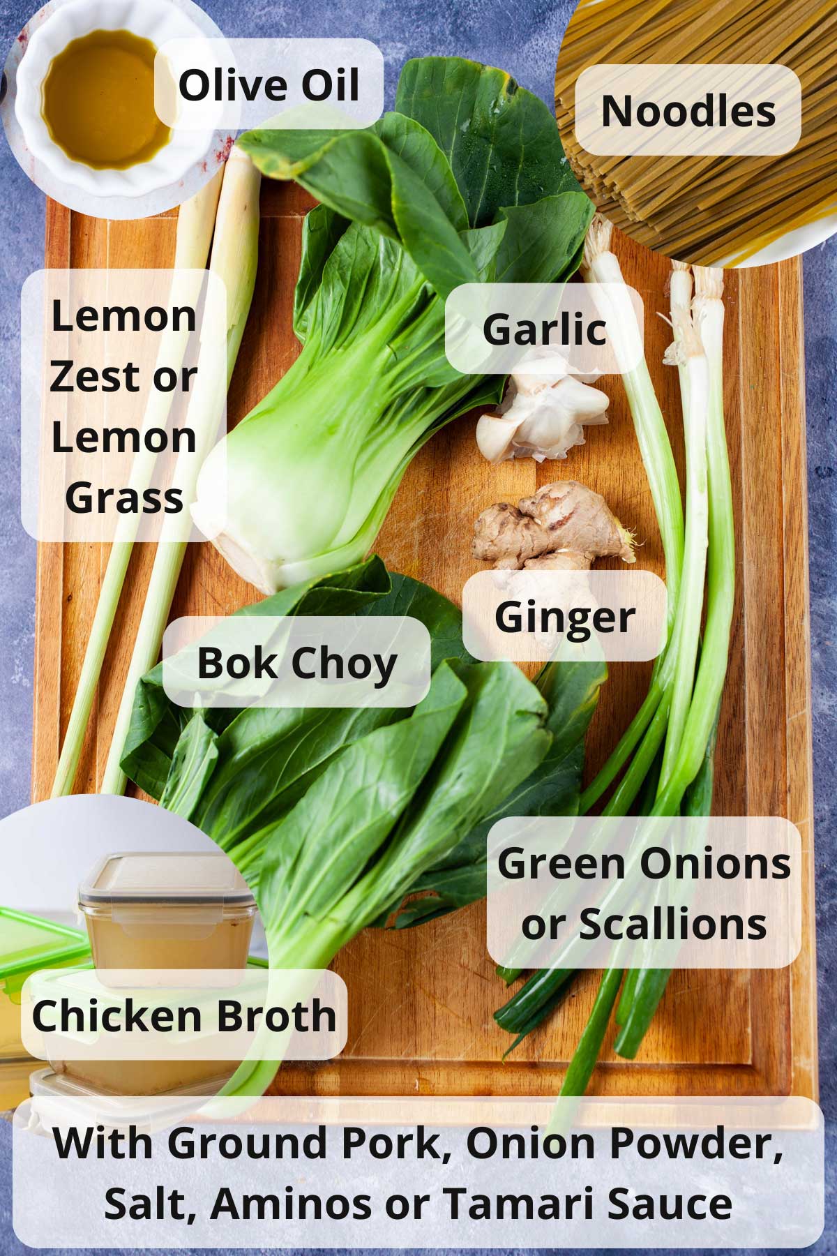 Ingredients displayed on a wooden board to make bok choy soup.