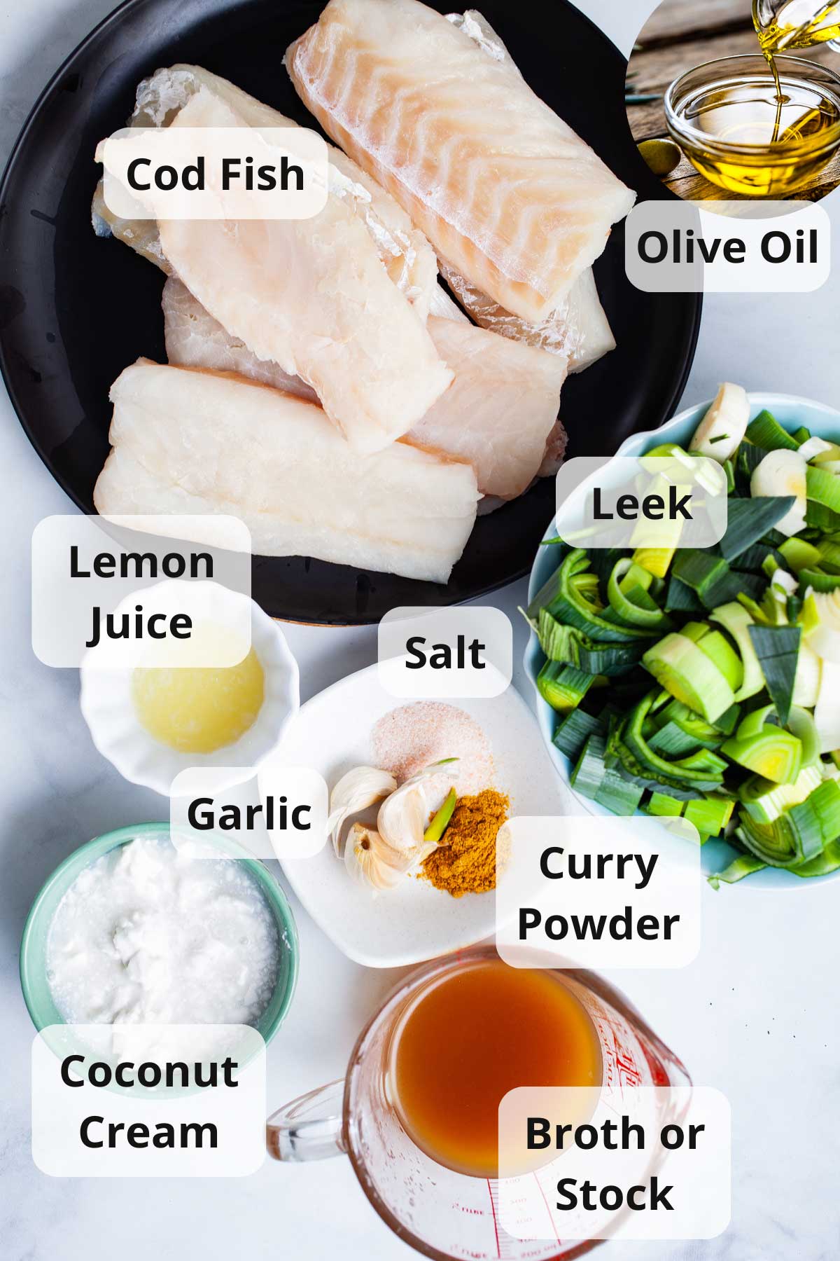 Ingredients to make cod and leek dinner dish.