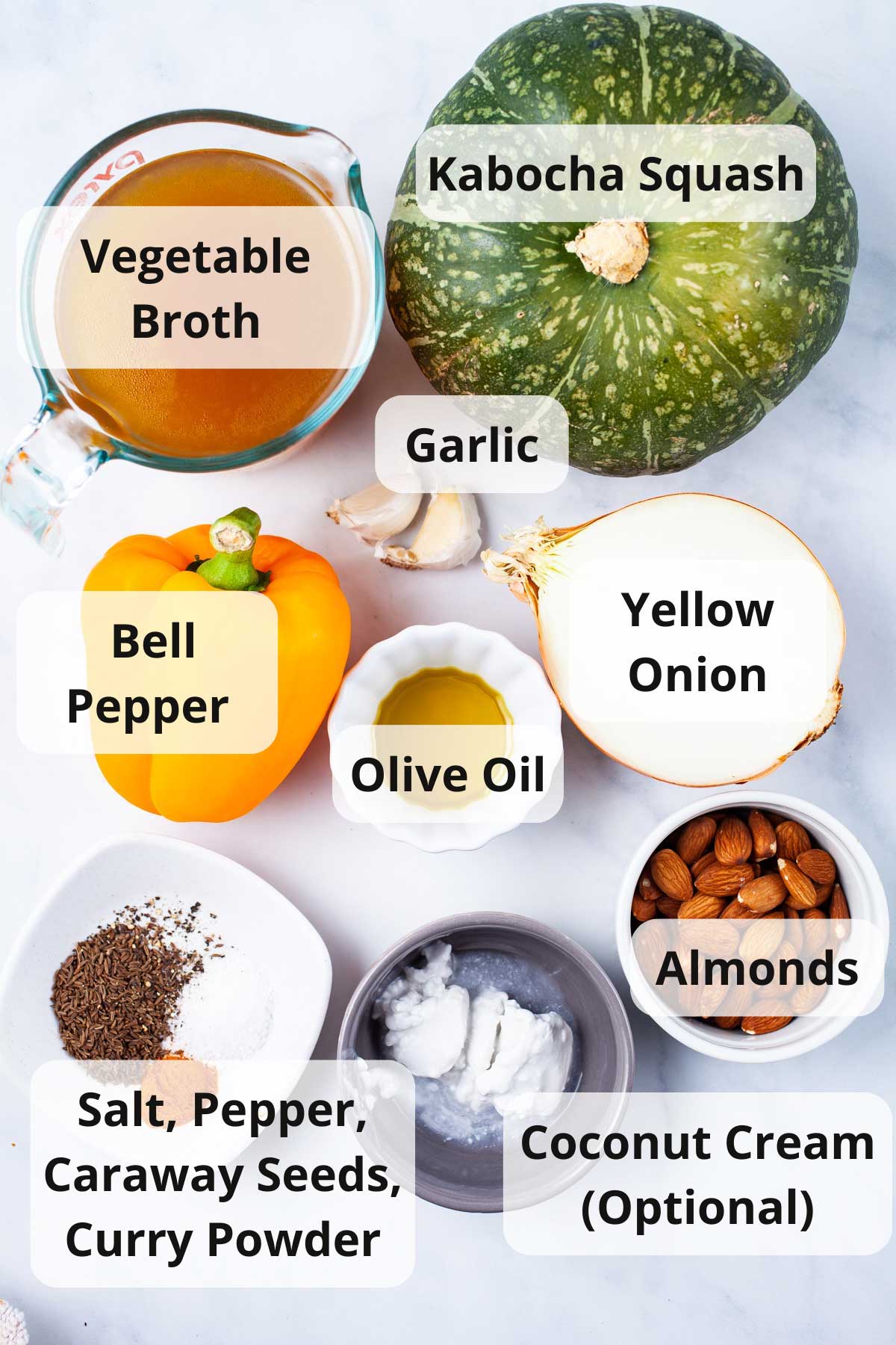 Ingredients displayed on a table to make a Kabocha soup.