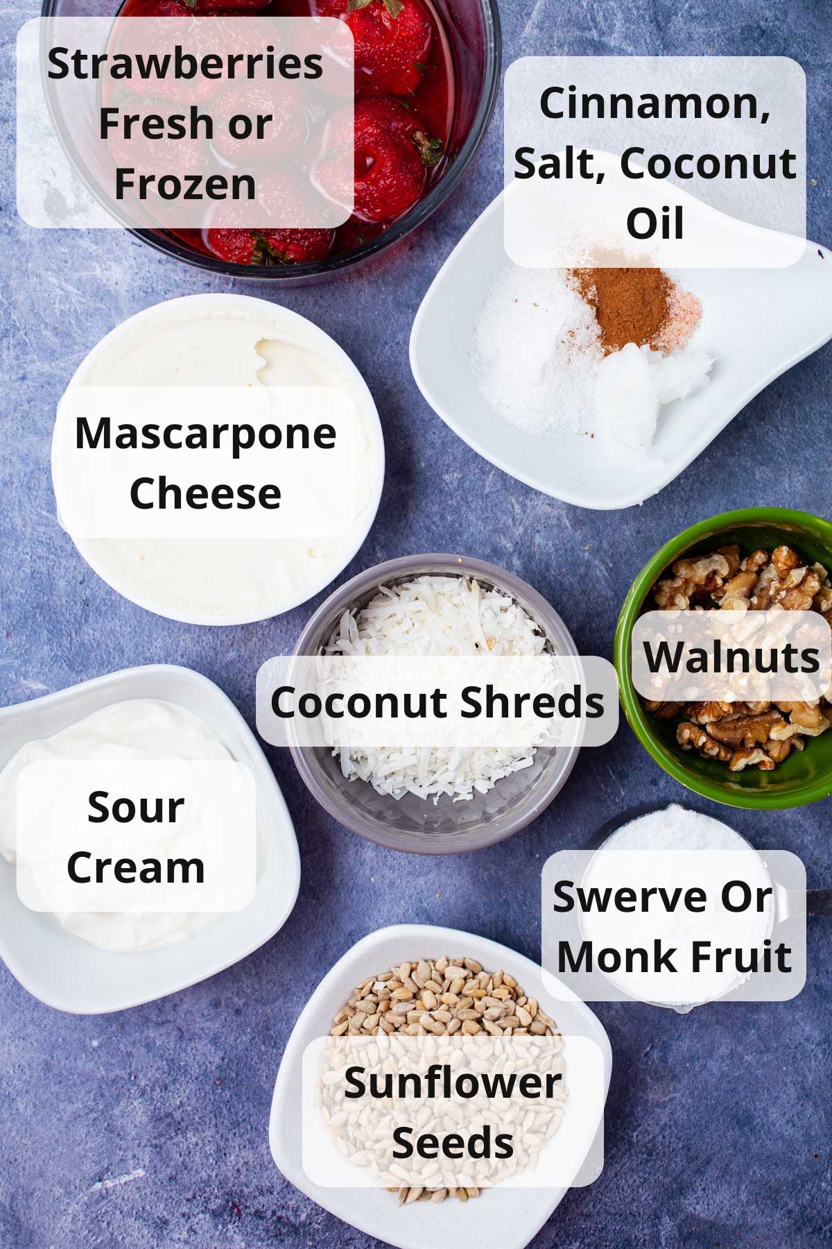 Ingredients displayed on a table to make no bake mini cheesecakes.