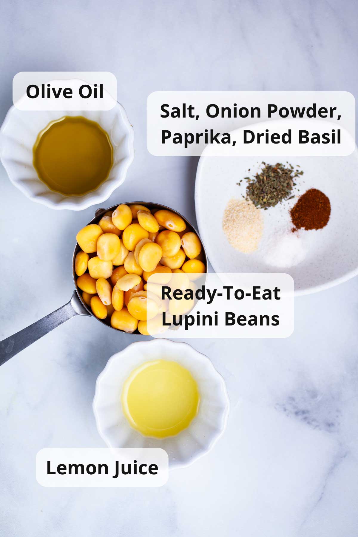 Ingredients displayed on a table to make lupini bean hummus.