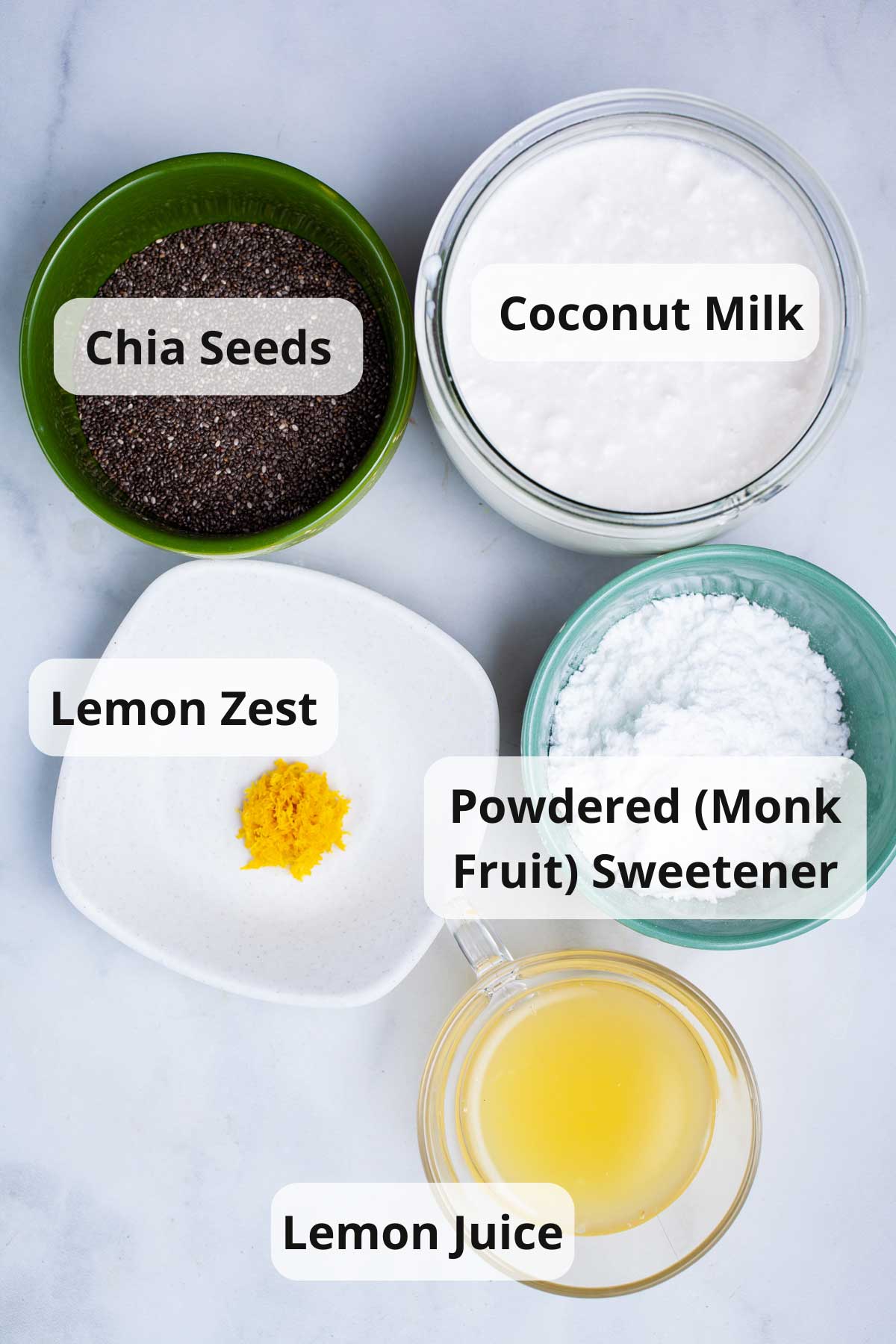 Ingredients laid out on a table to make lemon chia pudding.