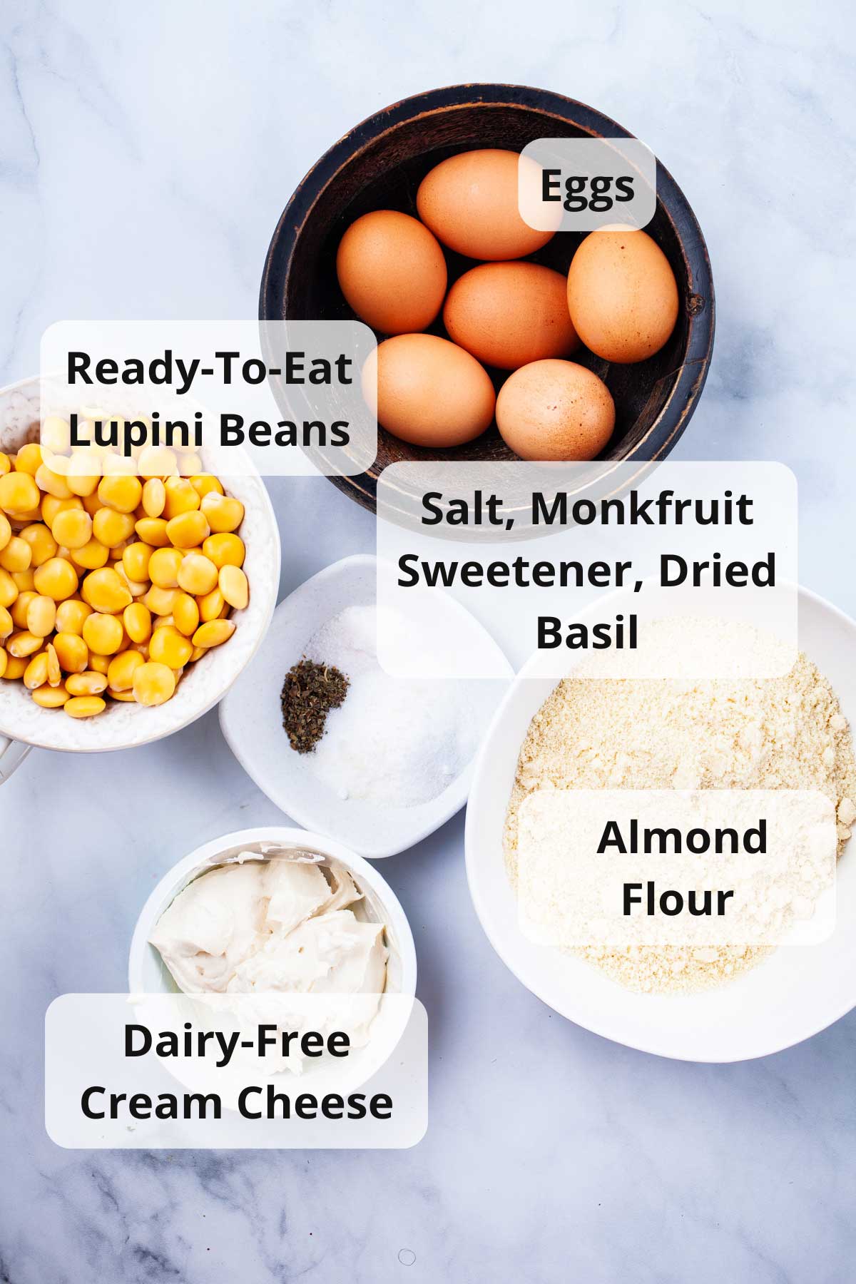 Ingredients to make lupin bread displayed on a table.