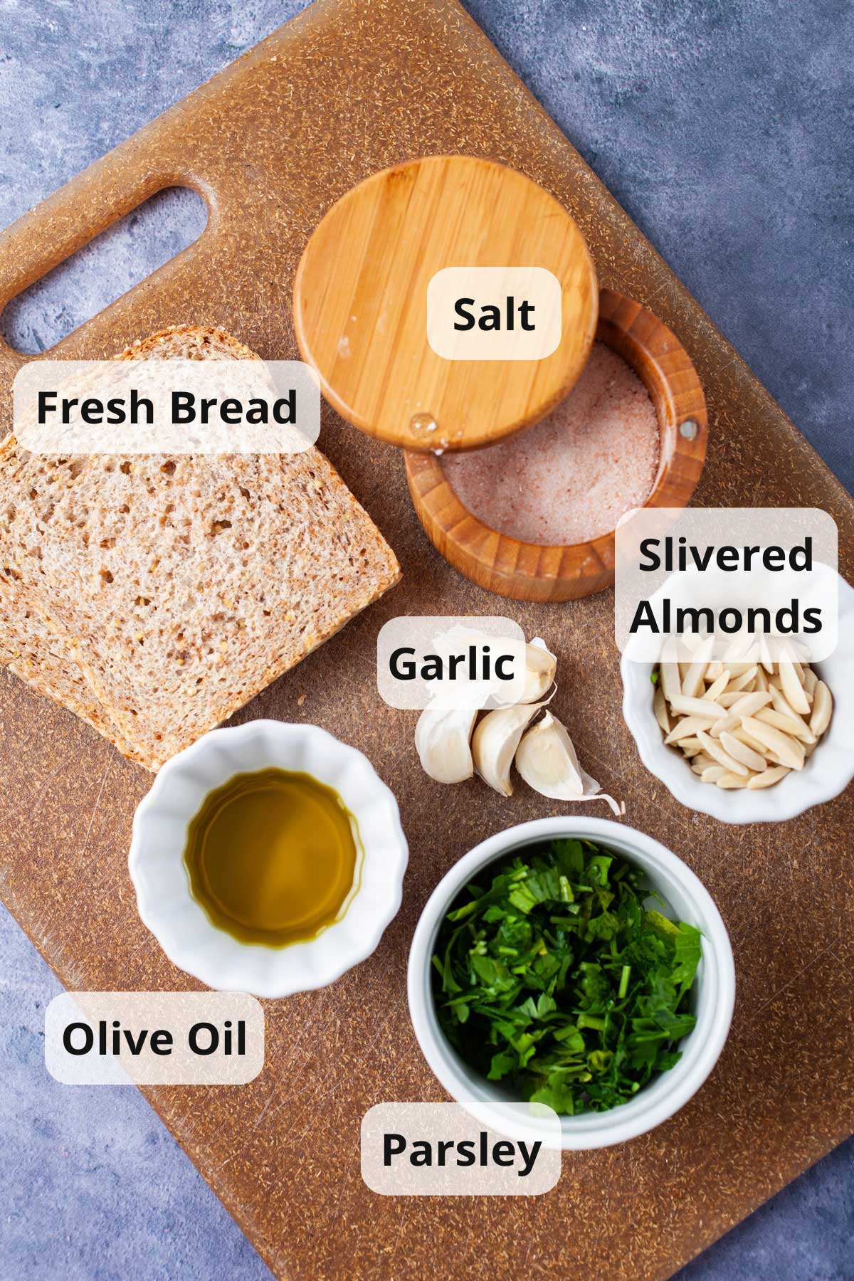 Ingredients displayed on a table to make a picada recipe.