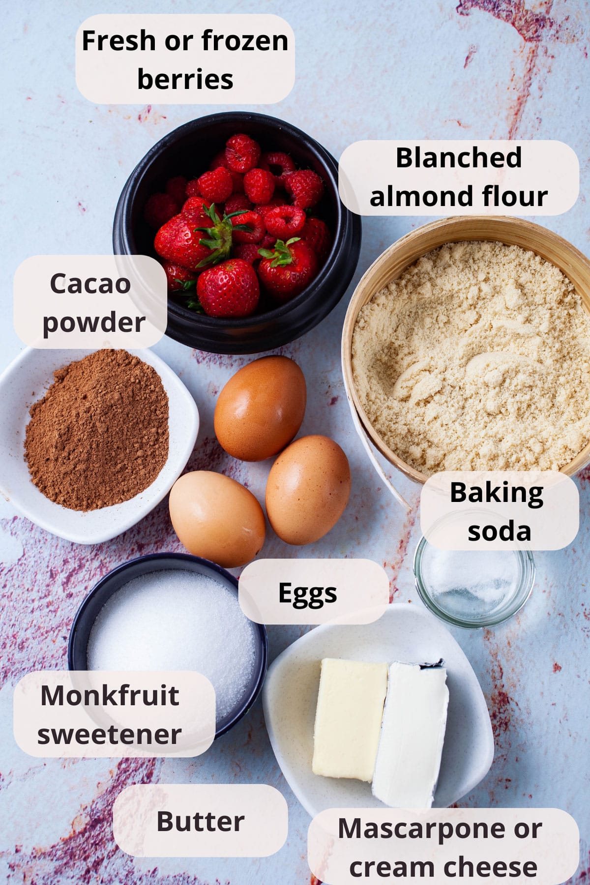 A bowl of fresh berries, cacao powder, almond flour, three eggs, swerve sweetener, butter, mascarpone cheese, and baking soda displayed on a table.