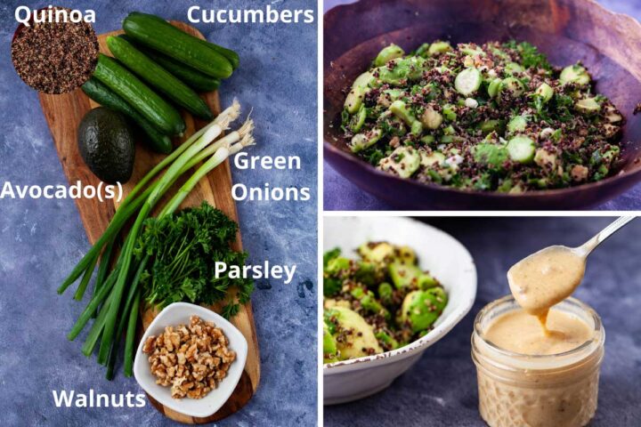 Ingredients such as quinoa, cucumbers, avocados, green onions, parsley, and walnuts displayed on a wooden board to make an avocado quinoa salad as shown next to it.