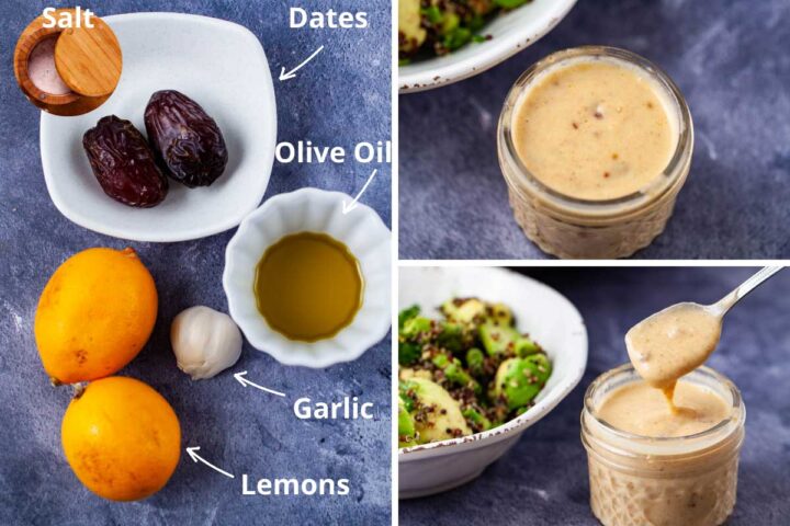 Ingredients such as salt, dates, olive oil, garlic, and lemons arranged together to make a creamy lemon dressing as shown next to it.