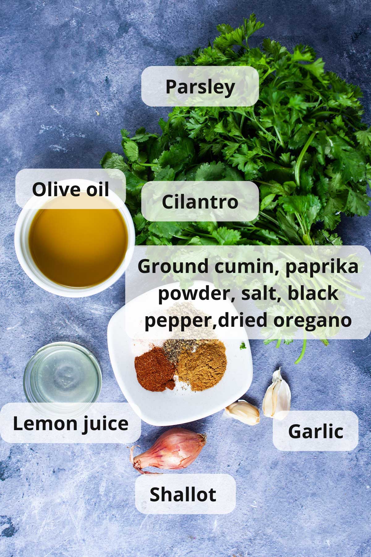 Lemon juice, olive oil, shallot, garlic, ground cumin, paprika powder, salt, black pepper, dried oregano, fresh cilantro, and parsley displayed on a table.