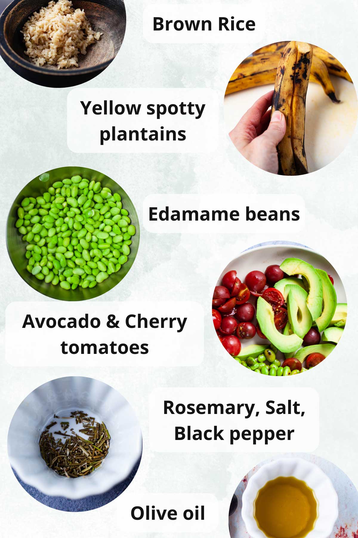 A series of ingredients shown to make plantain bowls.