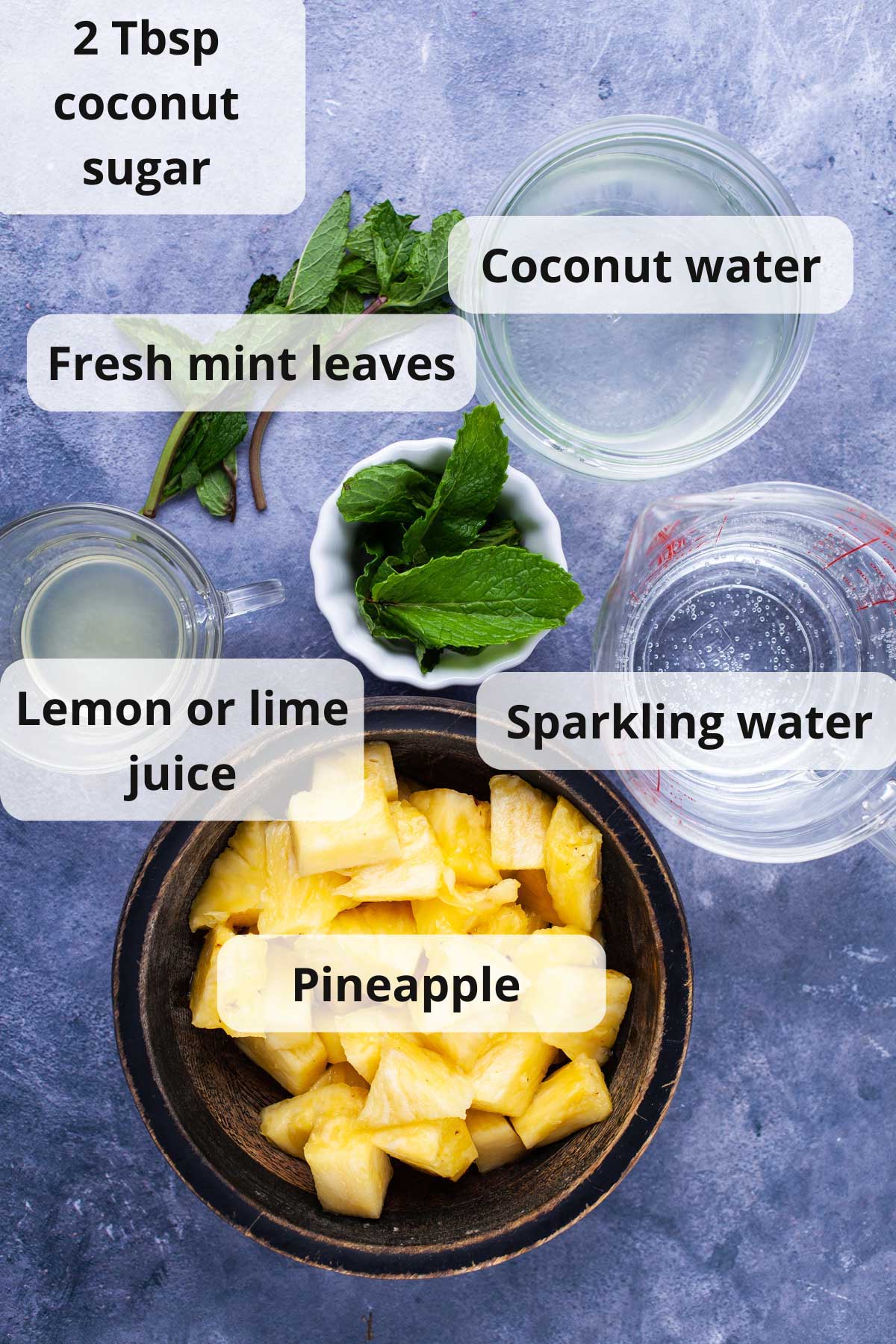 Coconut water, sparkling water, fresh pineapple chunks, lemon juice, and fresh mint leaves displayed on a table.