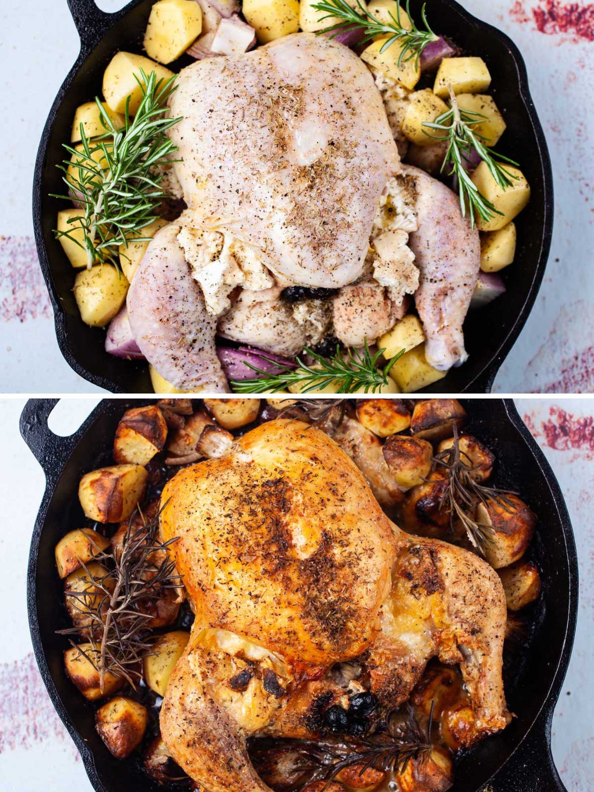 Seasoned whole chicken in a cast iron skillet with potatoes, first prepared, then roasted.