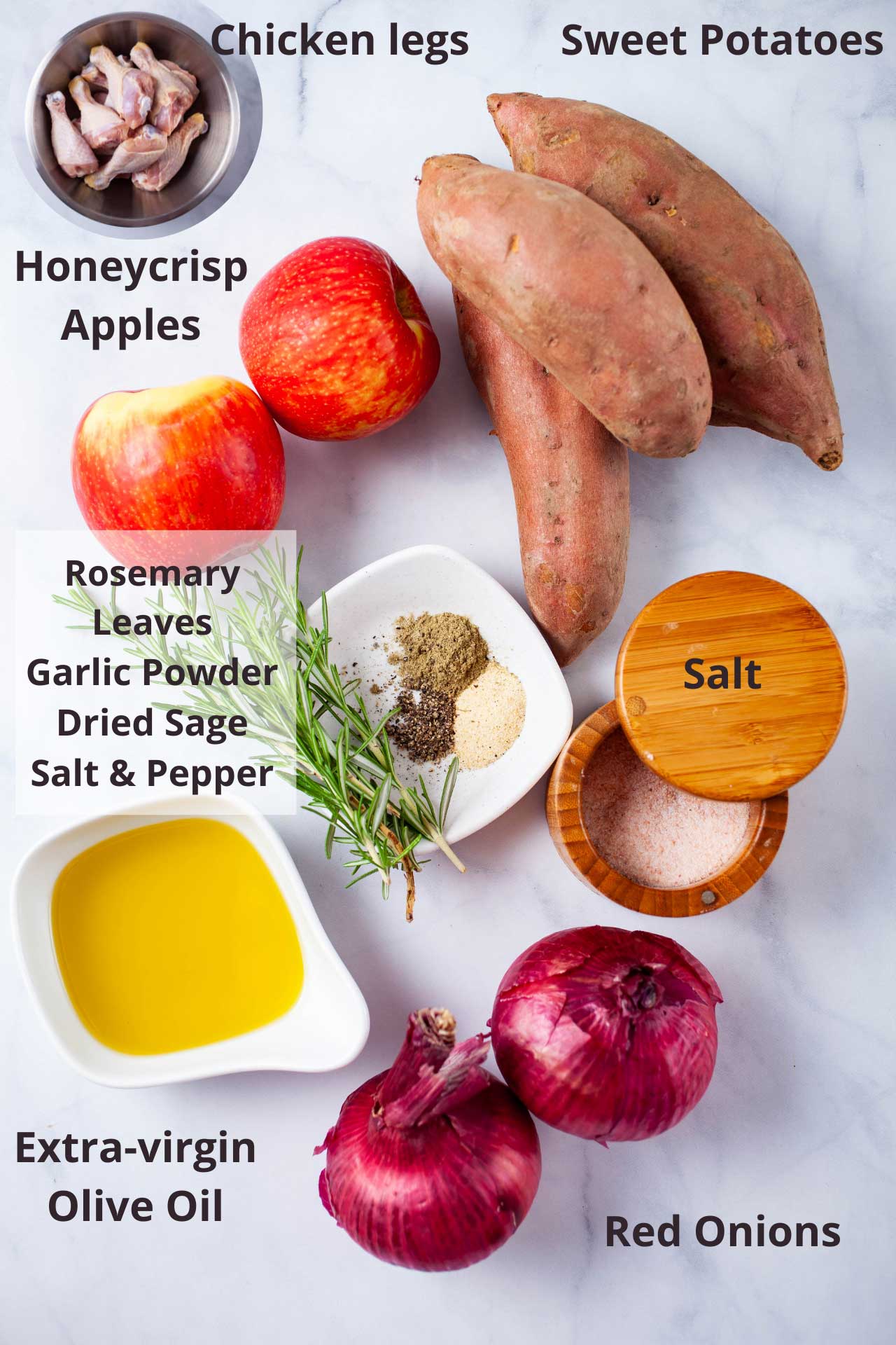 Ingredients like chicken legs, sweet potatoes, Honeycrisp apples, Salt, Red onions, Extra-virgin olive oil, Rosemary leaves, Garlic Powder, dried sage, and salt & pepper laid out on a white board.