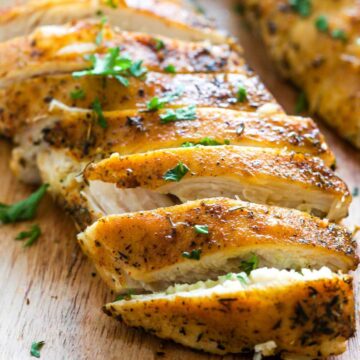 Cut tender cooked chicken breast.