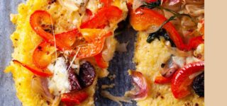 Savory gluten-free pizza with polenta crust and veggie toppings