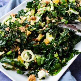 A large serving plate topped with a raw green kale and salmon salad with fennel, oranges, and mozzarella cheese.