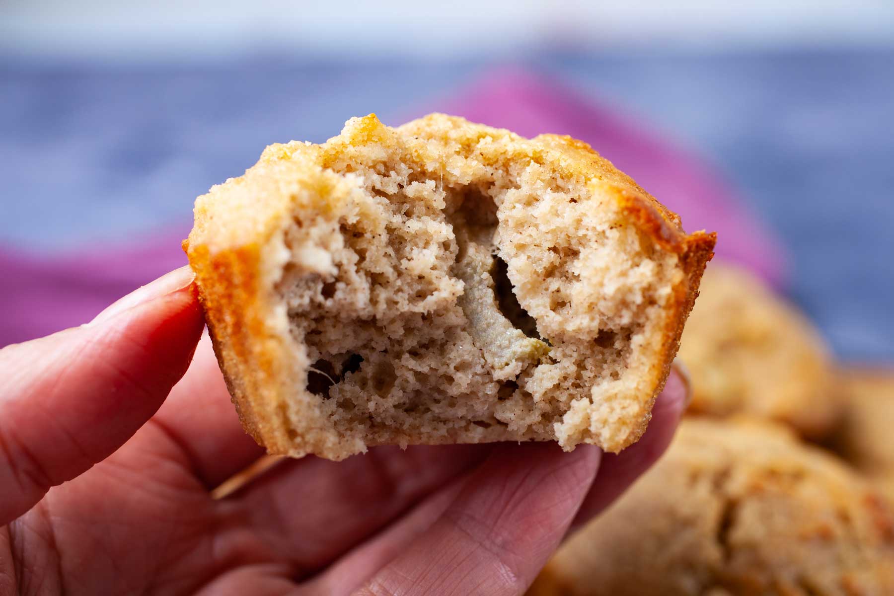 A hand holding a muffin with a bite taken out of it.