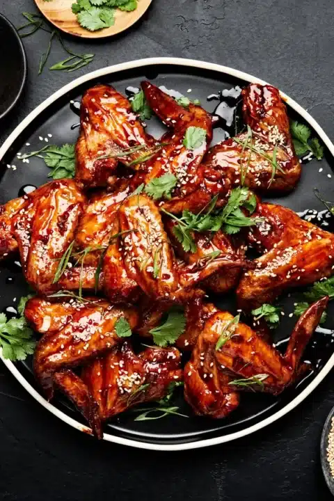 korean style baked chicken wings on a black plate garnished with fresh parsley.
