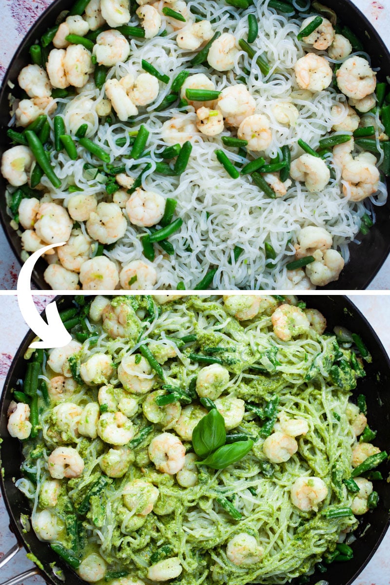 A large skillet with Shirataki pasta, shrimp, and green beans first without pesto sauce and then with pesto sauce..