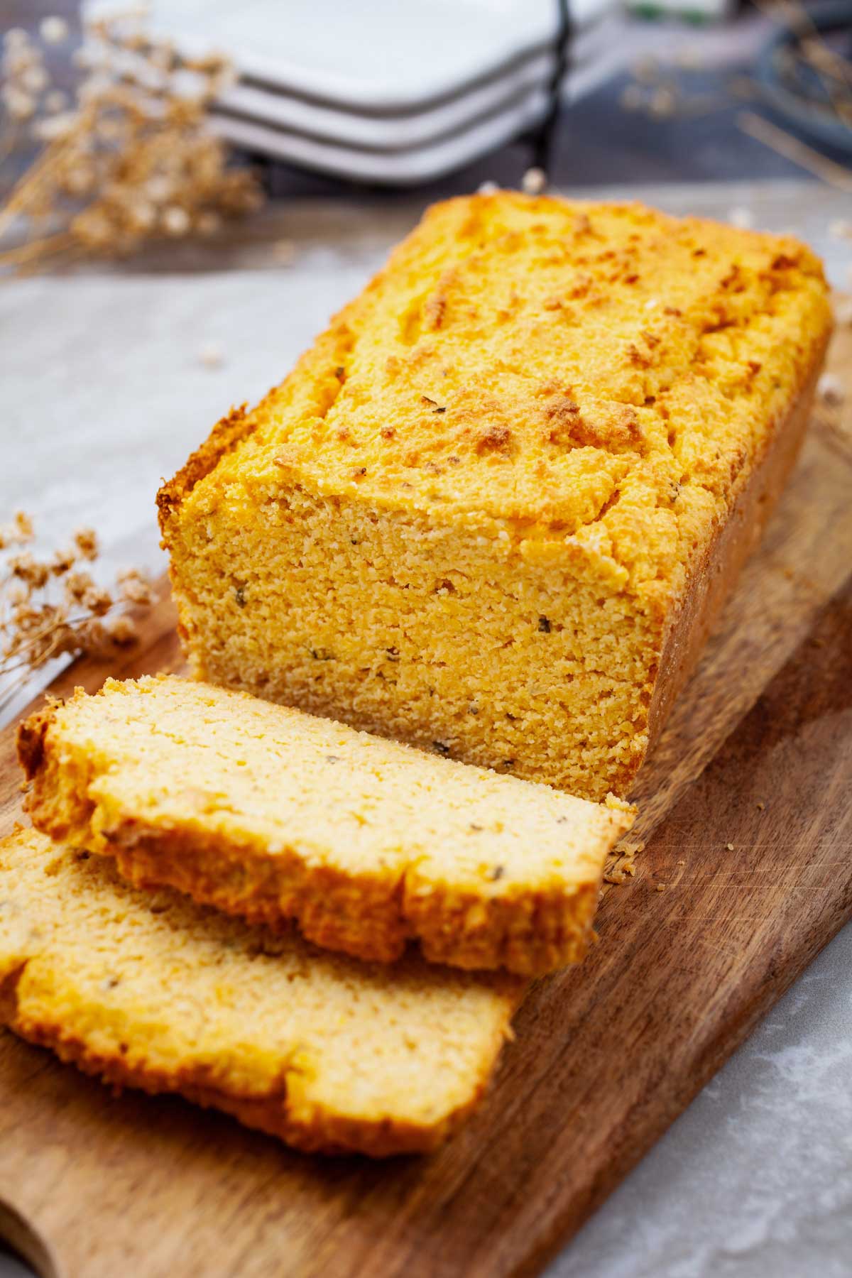 Sliced lupin bread on a table.