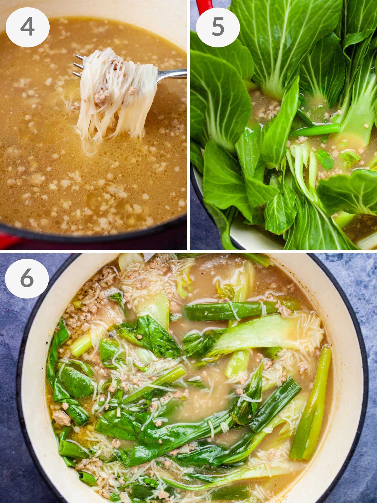 A series of steps showing how to make a bok choy soup with pork.