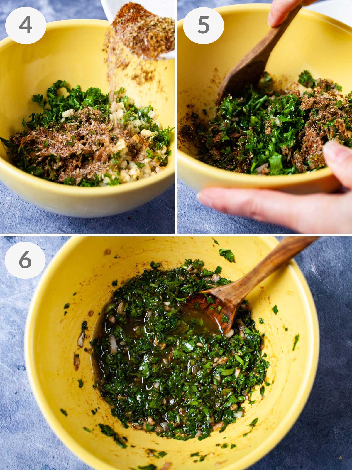 A series of steps showing how to add spices to make a cilantro chimichurri sauce.