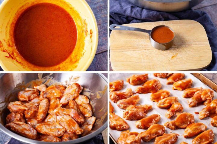 Four pictures showing the red colored marinade, chicken wings coated in the marinade, and then laid out on a prepared oven dish.