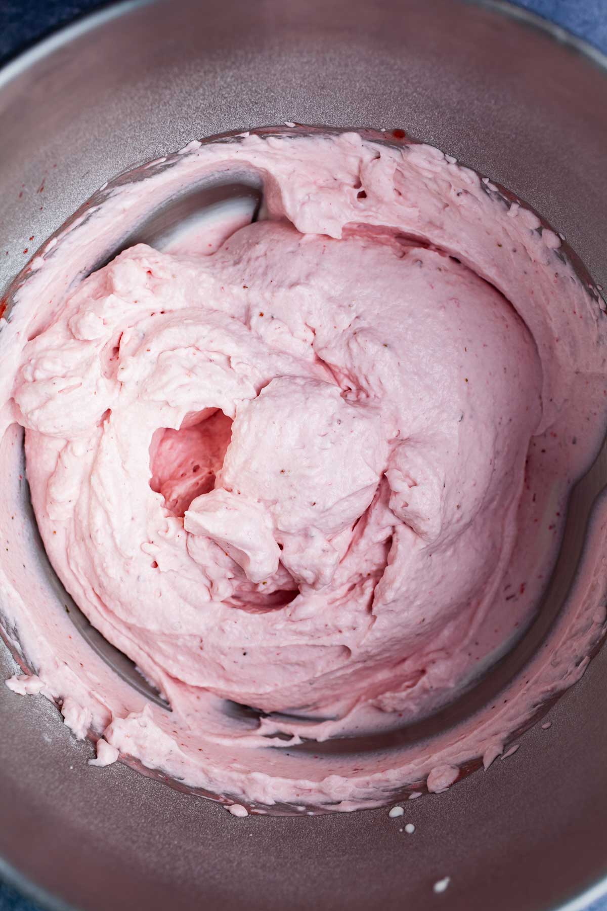 Strawberry mascarpone mousse in a mixing bowl.