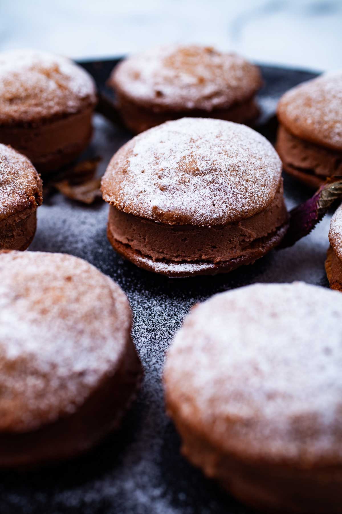 Sugar-dusted mascarpone cookies on a festive plate.