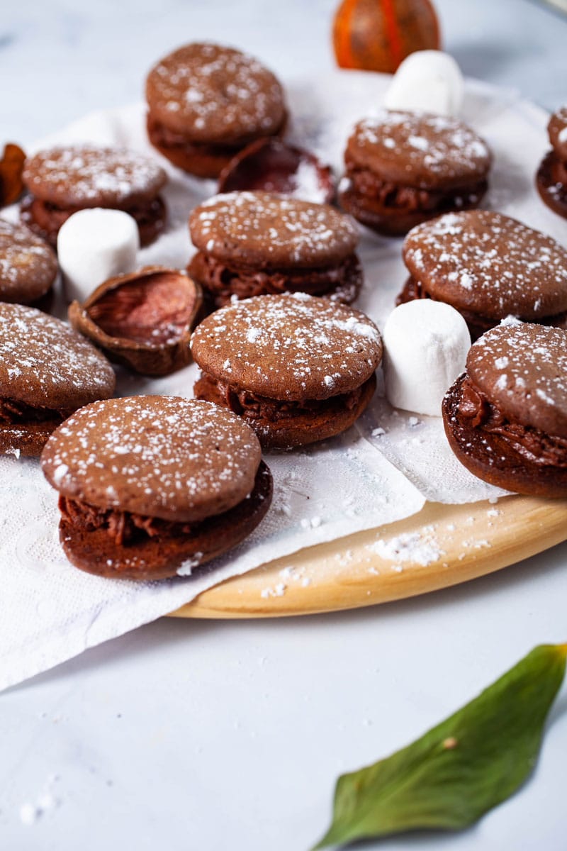 A plate filled with chocolate mascarpone cookies and decorated with white powder sugar.