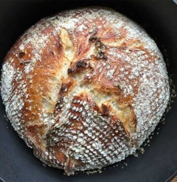 A rustic and browned round bread with crusty exterior.