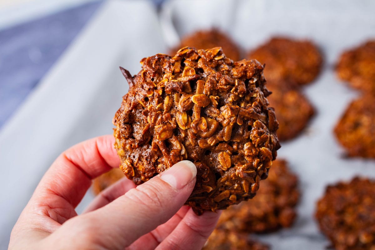 A hand holding a large healthy gluten-free oatmeal cookie.