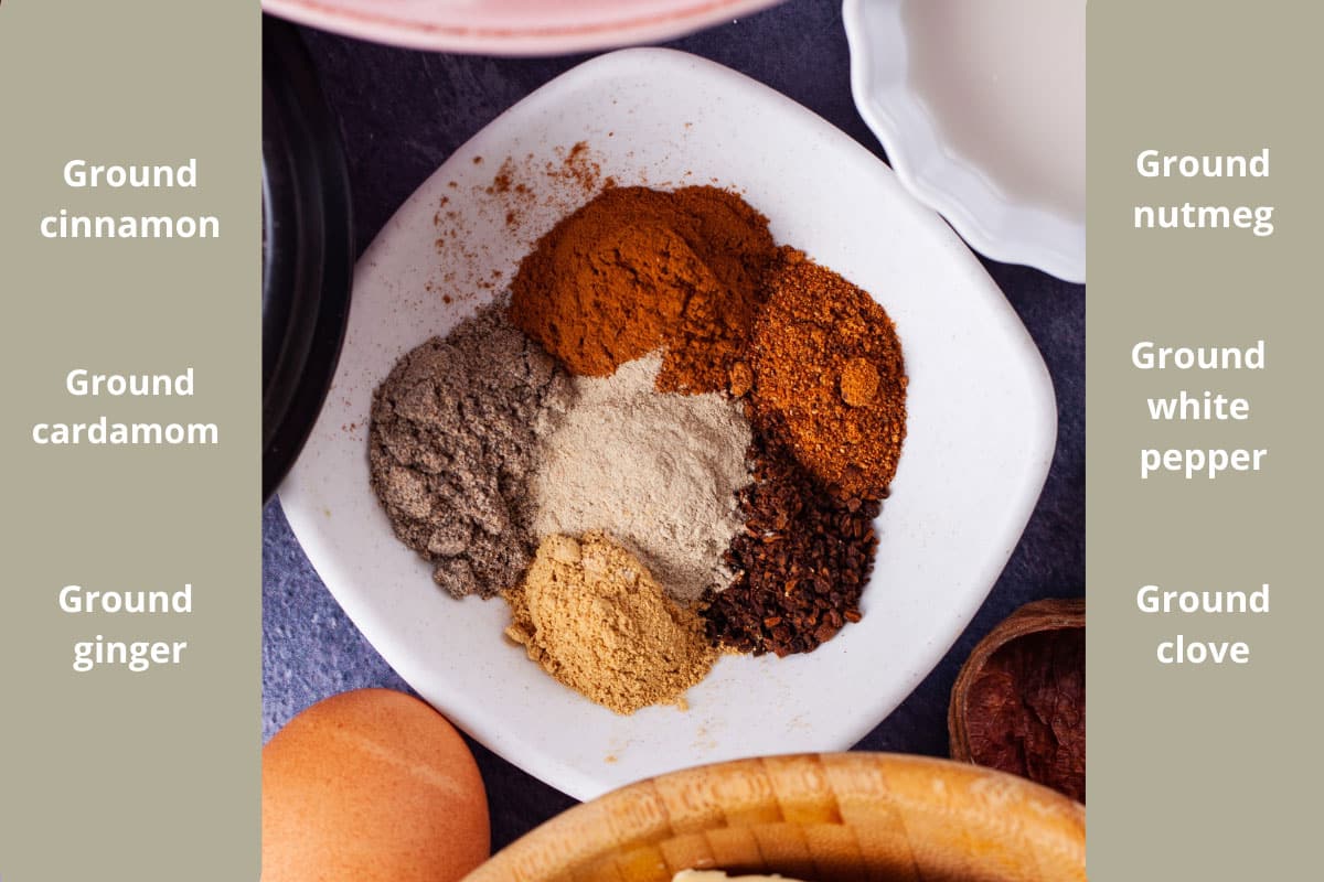 Ground cinnamon, ground cardamom, ground ginger, ground nutmeg, ground white pepper, ground clove displayed in a small bowl.