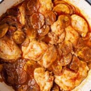 Creamy paprika chicken with plantain chips.