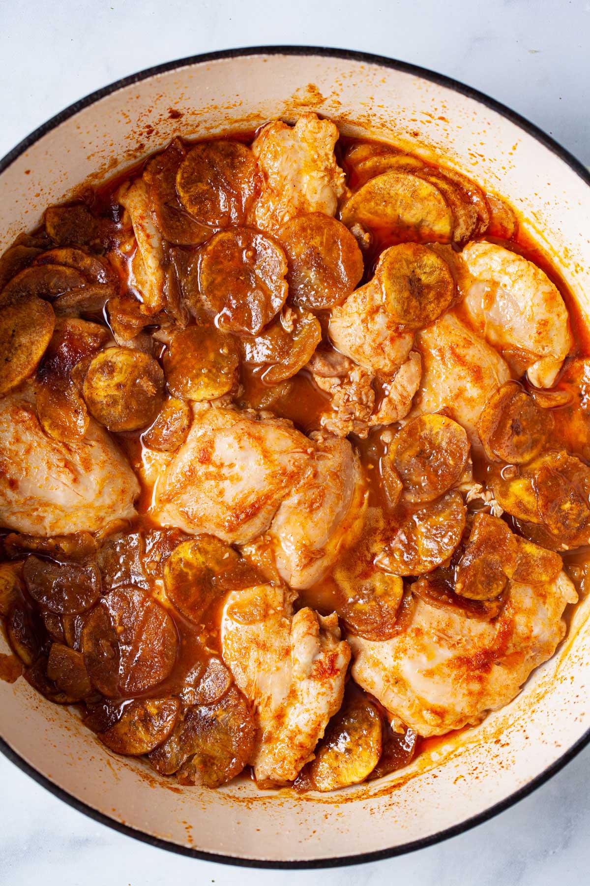 Creamy paprika chicken with plantain chips.