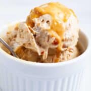 Salted date peanut butter nice cream served in a ramekin.