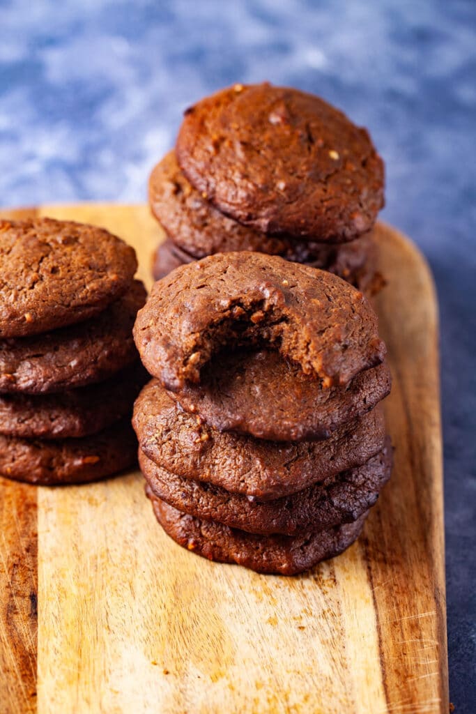 Stacked brown and baked soft cookies.