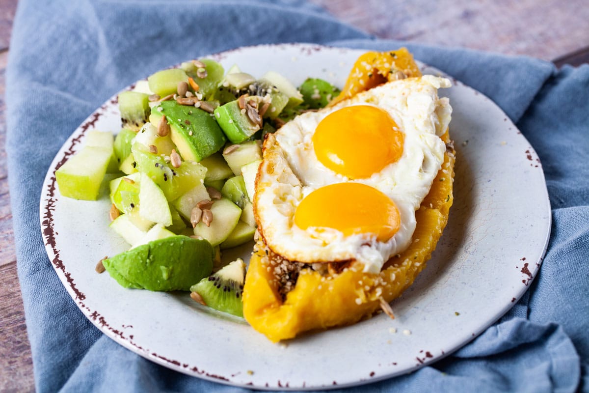 Healthy egg breakfast recipe with sweet plantain and green fruit salad